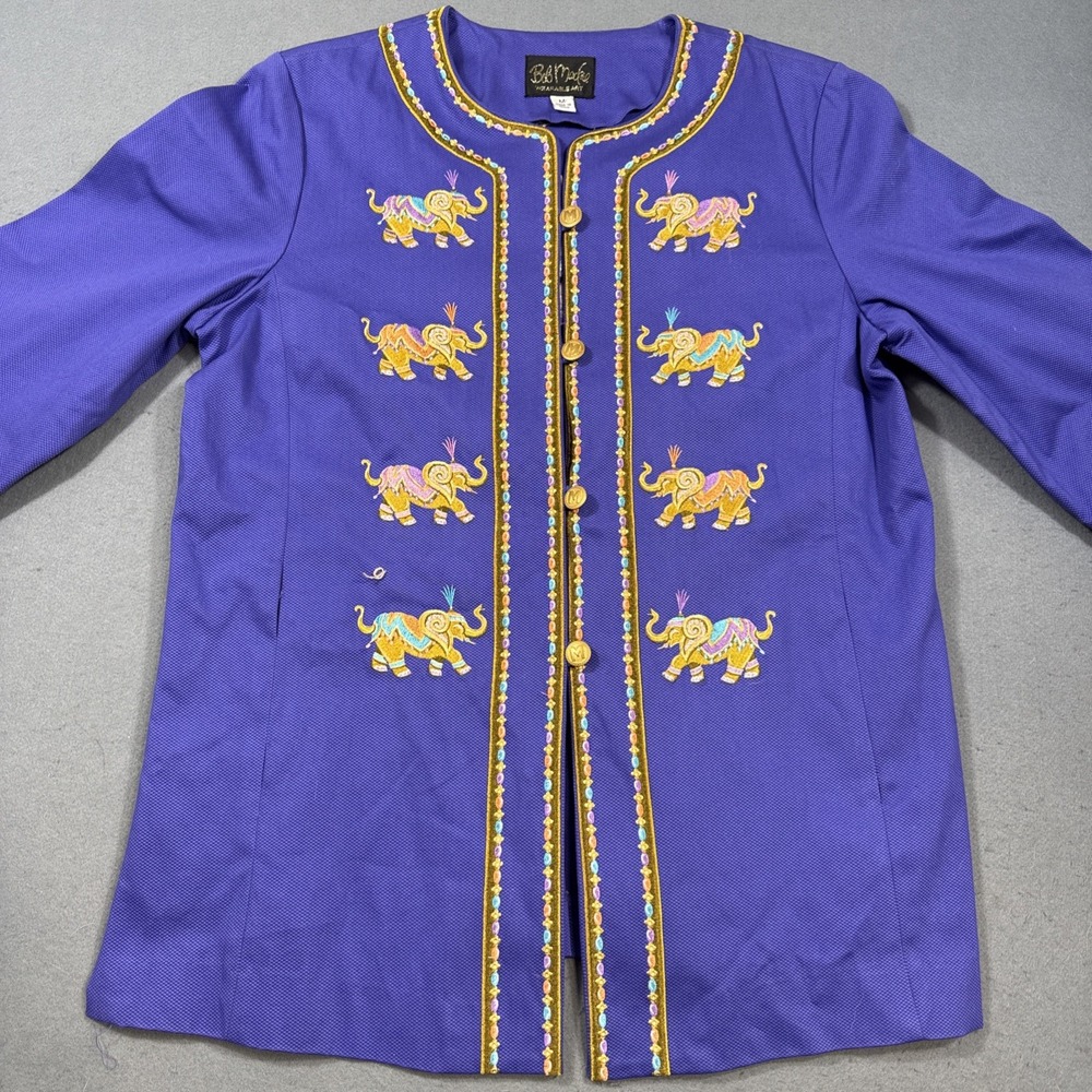 Bob Mackie Women's Jacket 3/4 Sleeve Stretch Embroidered Elephants Purple Size M